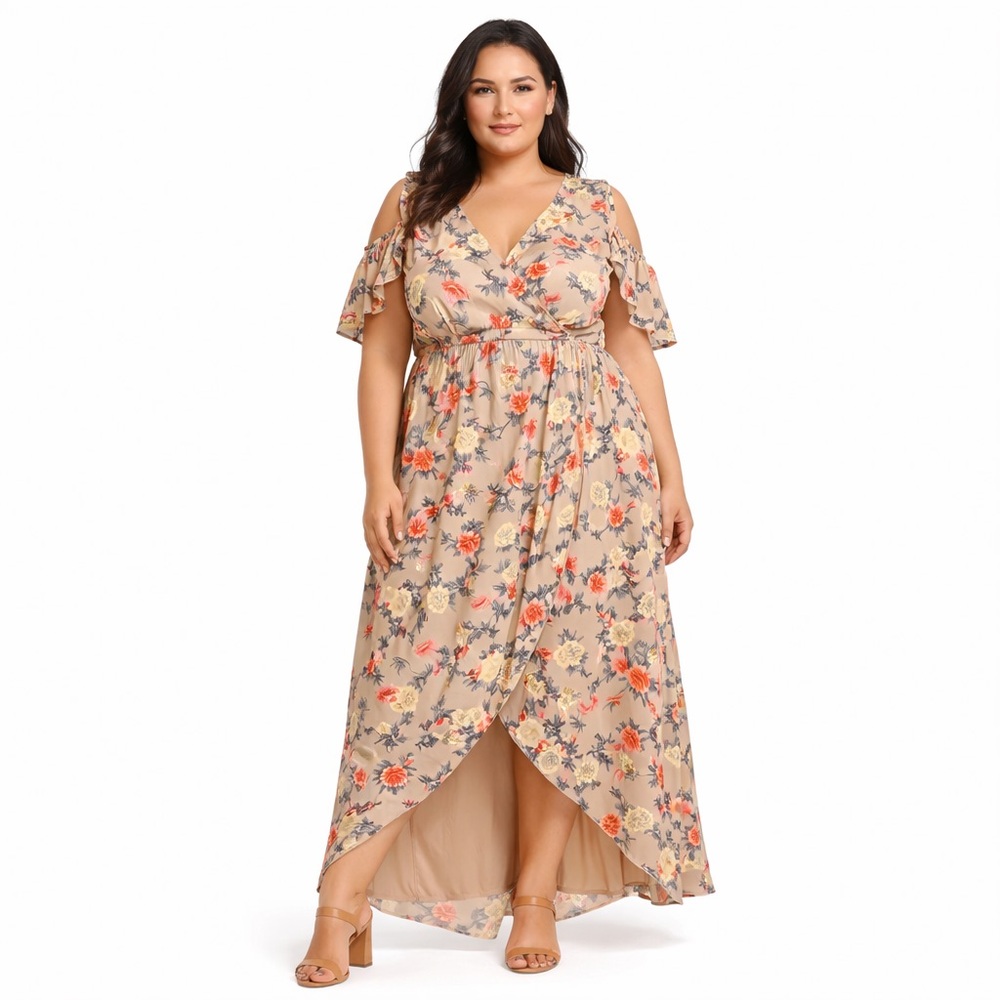 Hint of‎ Blush 2X Floral Wrap Maxi Dress Tan Pink Boho Cottagecore